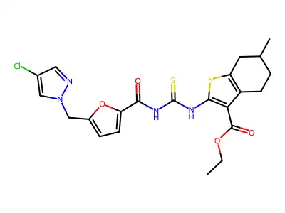 2-[[[[[5-[(4-chloro-1-pyrazolyl)methyl]-2-furanyl]-oxomethyl]amino]-sulfanylidenemethyl]amino]-6-methyl-4,5,6,7-tetrahydro-1-benzothiophene-3-carboxylic acid ethyl ester structure