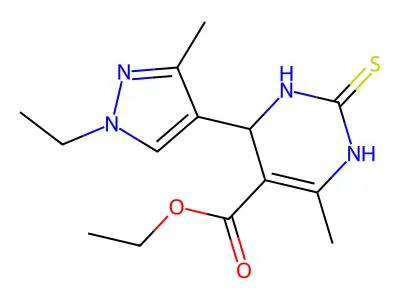 ethyl 4-(1-ethyl-3-methyl-1H-pyrazol-4-yl)-6-methyl-2-thioxo-1,2,3,4-tetrahydro-5-pyrimidinecarboxylate structure