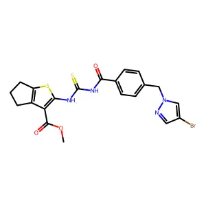 methyl 2-{[({4-[(4-bromo-1H-pyrazol-1-yl)methyl]benzoyl}amino)carbothioyl]amino}-5,6-dihydro-4H-cyclopenta[b]thiophene-3-carboxylate structure