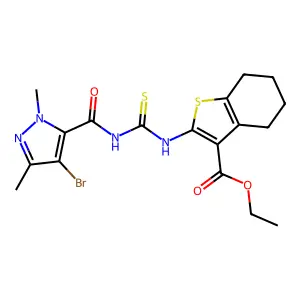 ethyl 2-({[(4-bromo-1,3-dimethyl-1H-pyrazol-5-yl)carbonyl]carbamothioyl}amino)-4,5,6,7-tetrahydro-1-benzothiophene-3-carboxylate structure