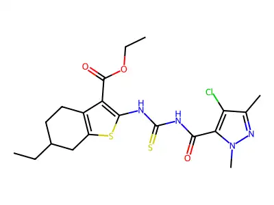 ethyl 2-[({[(4-chloro-1,3-dimethyl-1H-pyrazol-5-yl)carbonyl]amino}carbothioyl)amino]-6-ethyl-4,5,6,7-tetrahydro-1-benzothiophene-3-carboxylate structure
