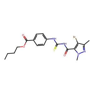 butyl 4-[({[(4-bromo-1,3-dimethyl-1H-pyrazol-5-yl)carbonyl]amino}carbothioyl)amino]benzoate structure