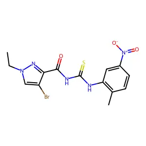 4-bromo-1-ethyl-N-[(2-methyl-5-nitrophenyl)carbamothioyl]pyrazole-3-carboxamide structure