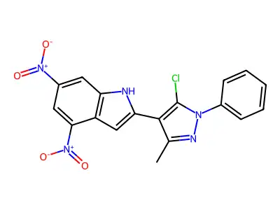 2-(5-chloro-3-methyl-1-phenylpyrazol-4-yl)-4,6-dinitro-1H-indole structure