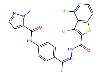 N-[4-[(Z)-N-[(3,4-dichloro-1-benzothiophene-2-carbonyl)amino]-C-methylcarbonimidoyl]phenyl]-2-methylpyrazole-3-carboxamide structure