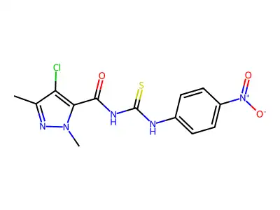 4-chloro-2,5-dimethyl-N-[(4-nitrophenyl)carbamothioyl]pyrazole-3-carboxamide structure