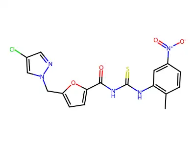 5-[(4-chloropyrazol-1-yl)methyl]-N-[(2-methyl-5-nitrophenyl)carbamothioyl]furan-2-carboxamide structure