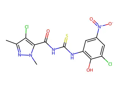 4-chloro-N-[(3-chloro-2-hydroxy-5-nitrophenyl)carbamothioyl]-2,5-dimethylpyrazole-3-carboxamide structure