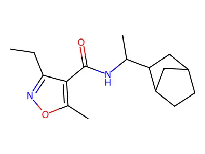 N-[1-(3-bicyclo[2.2.1]heptanyl)ethyl]-3-ethyl-5-methyl-1,2-oxazole-4-carboxamide structure