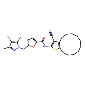 5-[(4-chloro-3,5-dimethylpyrazol-1-yl)methyl]-N-(3-cyano-4,5,6,7,8,9,10,11,12,13-decahydrocyclododeca[b]thiophen-2-yl)furan-2-carboxamide structure