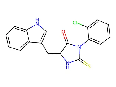 3-(2-chlorophenyl)-5-(1H-indol-3-ylmethyl)-2-sulfanylideneimidazolidin-4-one structure