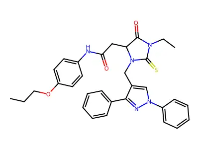 2-[3-[(1,3-diphenylpyrazol-4-yl)methyl]-1-ethyl-5-oxo-2-sulfanylideneimidazolidin-4-yl]-N-(4-propoxyphenyl)acetamide structure