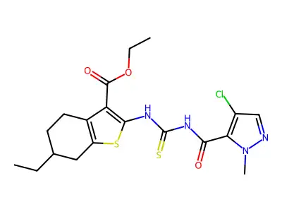 ethyl 2-({[(4-chloro-1-methyl-1H-pyrazol-5-yl)carbonyl]carbamothioyl}amino)-6-ethyl-4,5,6,7-tetrahydro-1-benzothiophene-3-carboxylate structure