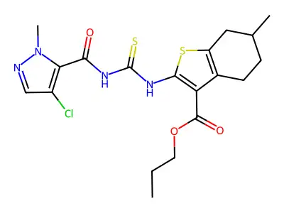 propyl 2-({[(4-chloro-1-methyl-1H-pyrazol-5-yl)carbonyl]carbamothioyl}amino)-6-methyl-4,5,6,7-tetrahydro-1-benzothiophene-3-carboxylate structure
