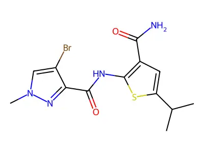 4-bromo-N-(3-carbamoyl-5-propan-2-ylthiophen-2-yl)-1-methylpyrazole-3-carboxamide structure