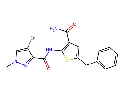 N-(5-benzyl-3-carbamoylthiophen-2-yl)-4-bromo-1-methylpyrazole-3-carboxamide structure
