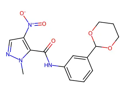 N-[3-(1,3-dioxan-2-yl)phenyl]-2-methyl-4-nitropyrazole-3-carboxamide structure