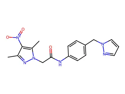 2-(3,5-dimethyl-4-nitropyrazol-1-yl)-N-[4-(pyrazol-1-ylmethyl)phenyl]acetamide structure