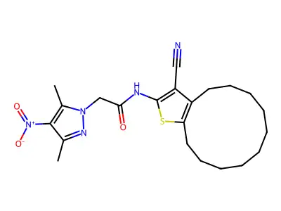 N-(3-cyano-4,5,6,7,8,9,10,11,12,13-decahydrocyclododeca[b]thiophen-2-yl)-2-(3,5-dimethyl-4-nitro-1H-pyrazol-1-yl)acetamide structure