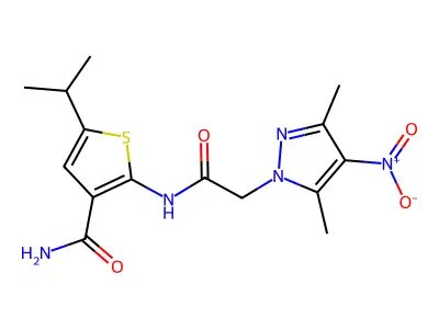 2-[[2-(3,5-dimethyl-4-nitropyrazol-1-yl)acetyl]amino]-5-propan-2-ylthiophene-3-carboxamide structure