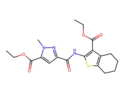 ethyl 3-{[3-(ethoxycarbonyl)-4,5,6,7-tetrahydro-1-benzothiophen-2-yl]carbamoyl}-1-methyl-1H-pyrazole-5-carboxylate structure
