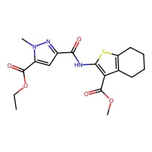 ethyl 3-({[3-(methoxycarbonyl)-4,5,6,7-tetrahydro-1-benzothien-2-yl]amino}carbonyl)-1-methyl-1H-pyrazole-5-carboxylate structure