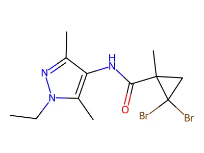 2,2-dibromo-N-(1-ethyl-3,5-dimethyl-1H-pyrazol-4-yl)-1-methylcyclopropanecarboxamide structure
