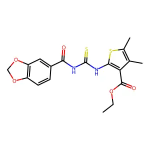 ethyl 2-{[(1,3-benzodioxol-5-ylcarbonyl)carbamothioyl]amino}-4,5-dimethylthiophene-3-carboxylate structure