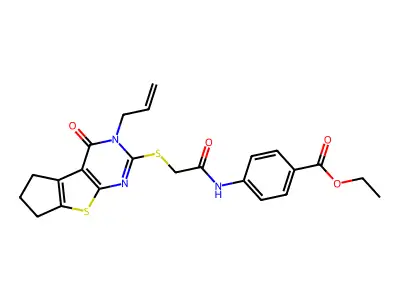 ethyl 4-(2-{[12-oxo-11-(prop-2-en-1-yl)-7-thia-9,11-diazatricyclo[6.4.0.0^{2,6}]dodeca-1(8),2(6),9-trien-10-yl]sulfanyl}acetamido)benzoate structure