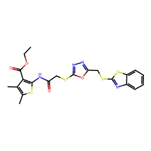 ethyl 2-{[({5-[(1,3-benzothiazol-2-ylsulfanyl)methyl]-1,3,4-oxadiazol-2-yl}sulfanyl)acetyl]amino}-4,5-dimethylthiophene-3-carboxylate structure