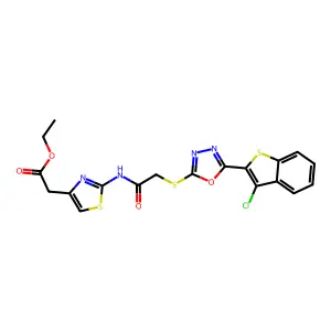 ethyl {2-[({[5-(3-chloro-1-benzothiophen-2-yl)-1,3,4-oxadiazol-2-yl]sulfanyl}acetyl)amino]-1,3-thiazol-4-yl}acetate structure