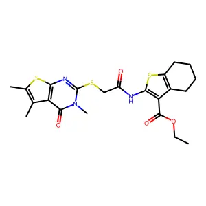 ethyl 2-[2-(3,5,6-trimethyl-4-oxo-3-hydrothiopheno[2,3-d]pyrimidin-2-ylthio)ac etylamino]-4,5,6,7-tetrahydrobenzo[b]thiophene-3-carboxylate structure