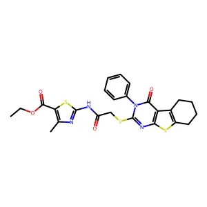 Ethyl 4-methyl-2-[2-(4-oxo-3-phenyl(3,5,6,7,8-pentahydrobenzo[b]thiopheno[2,3-d]pyrimidin-2-ylthio))acetylamino]-1,3-thiazole-5-carboxylate structure