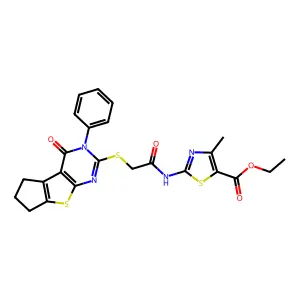ethyl 4-methyl-2-[2-(4-oxo-3-phenyl(3,5,6,7-tetrahydrocyclopenta[2,1-d]pyrimid ino[4,5-b]thiophen-2-ylthio))acetylamino]-1,3-thiazole-5-carboxylate structure