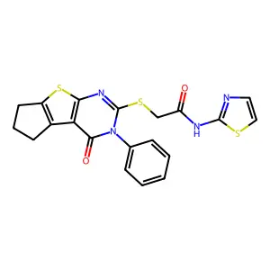 2-((4-oxo-3-phenyl-4,5,6,7-tetrahydro-3H-cyclopenta[4,5]thieno[2,3-d]pyrimidin-2-yl)thio)-N-(thiazol-2-yl)acetamide structure