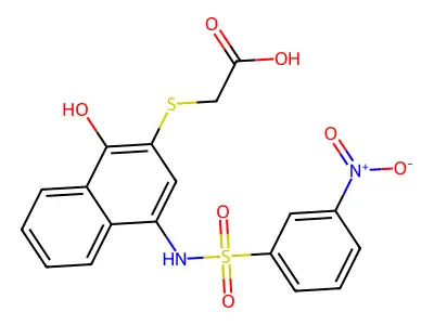 2-[1-Hydroxy-4-[(3-nitrophenyl)sulfonylamino]naphthalen-2-yl]sulfanylacetic acid structure