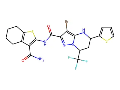 3-bromo-N-(3-carbamoyl-4,5,6,7-tetrahydro-1-benzothiophen-2-yl)-5-thiophen-2-yl-7-(trifluoromethyl)-1,5,6,7-tetrahydropyrazolo[1,5-a]pyrimidine-2-carboxamide structure