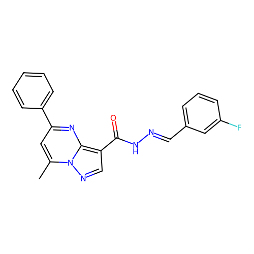 N-[(E)-(3-fluorophenyl)methylideneamino]-7-methyl-5-phenylpyrazolo[1,5-a]pyrimidine-3-carboxamide structure