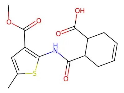 6-[(3-methoxycarbonyl-5-methylthiophen-2-yl)carbamoyl]cyclohex-3-ene-1-carboxylic acid structure