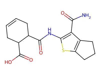 6-[(3-carbamoyl-5,6-dihydro-4H-cyclopenta[b]thiophen-2-yl)carbamoyl]cyclohex-3-ene-1-carboxylic acid structure