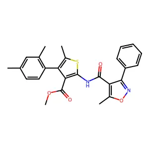methyl 4-(2,4-dimethylphenyl)-5-methyl-2-{[(5-methyl-3-phenyl-4-isoxazolyl)carbonyl]amino}-3-thiophenecarboxylate structure