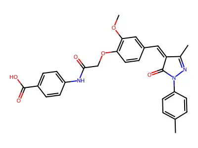 4-[[2-[2-methoxy-4-[(Z)-[3-methyl-1-(4-methylphenyl)-5-oxopyrazol-4-ylidene]methyl]phenoxy]acetyl]amino]benzoic acid structure