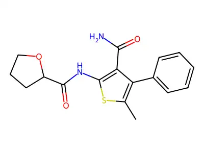 N-(3-carbamoyl-5-methyl-4-phenylthiophen-2-yl)oxolane-2-carboxamide structure