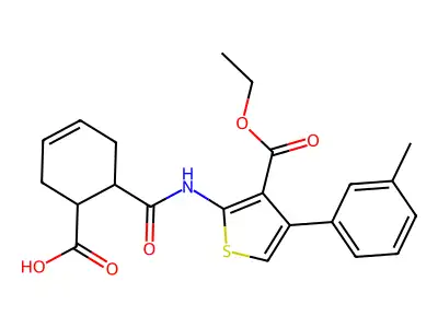 6-[[3-ethoxycarbonyl-4-(3-methylphenyl)thiophen-2-yl]carbamoyl]cyclohex-3-ene-1-carboxylic acid structure