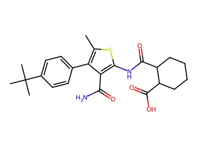 2-({[3-(aminocarbonyl)-4-(4-tert-butylphenyl)-5-methyl-2-thienyl]amino}carbonyl)cyclohexanecarboxylic acid structure