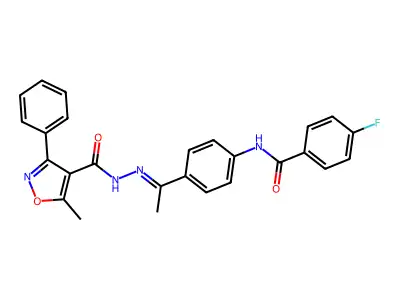 N-[(E)-1-[4-[(4-fluorobenzoyl)amino]phenyl]ethylideneamino]-5-methyl-3-phenyl-1,2-oxazole-4-carboxamide structure