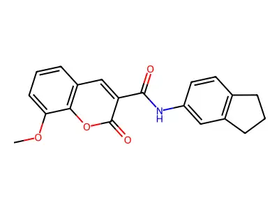 N-(2,3-dihydro-1H-inden-5-yl)-8-methoxy-2-oxochromene-3-carboxamide structure