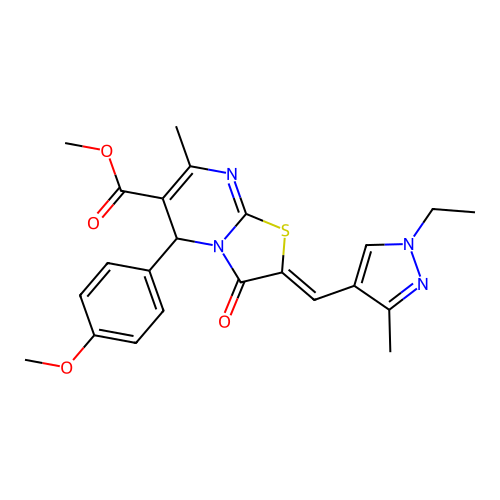 methyl (2E)-2-[(1-ethyl-3-methyl-1H-pyrazol-4-yl)methylidene]-5-(4-methoxyphenyl)-7-methyl-3-oxo-2H,3H,5H-[1,3]thiazolo[3,2-a]pyrimidine-6-carboxylate structure