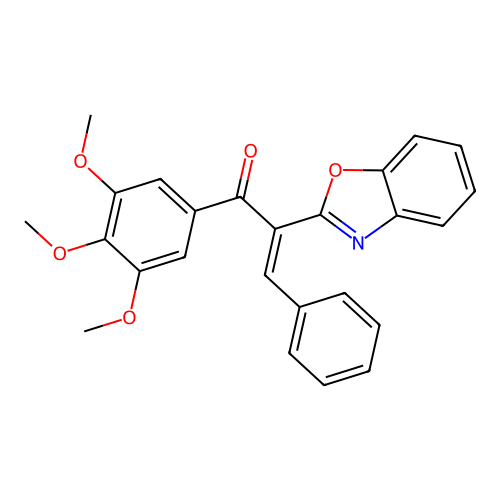 (2E)-2-benzoxazol-2-yl-3-phenyl-1-(3,4,5-trimethoxyphenyl)prop-2-en-1-one structure