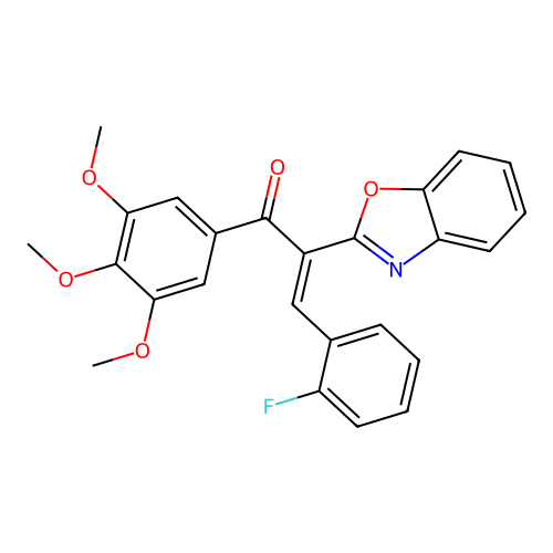 (E)-2-(benzo[d]oxazol-2-yl)-3-(2-fluorophenyl)-1-(3,4,5-trimethoxyphenyl)prop-2-en-1-one structure
